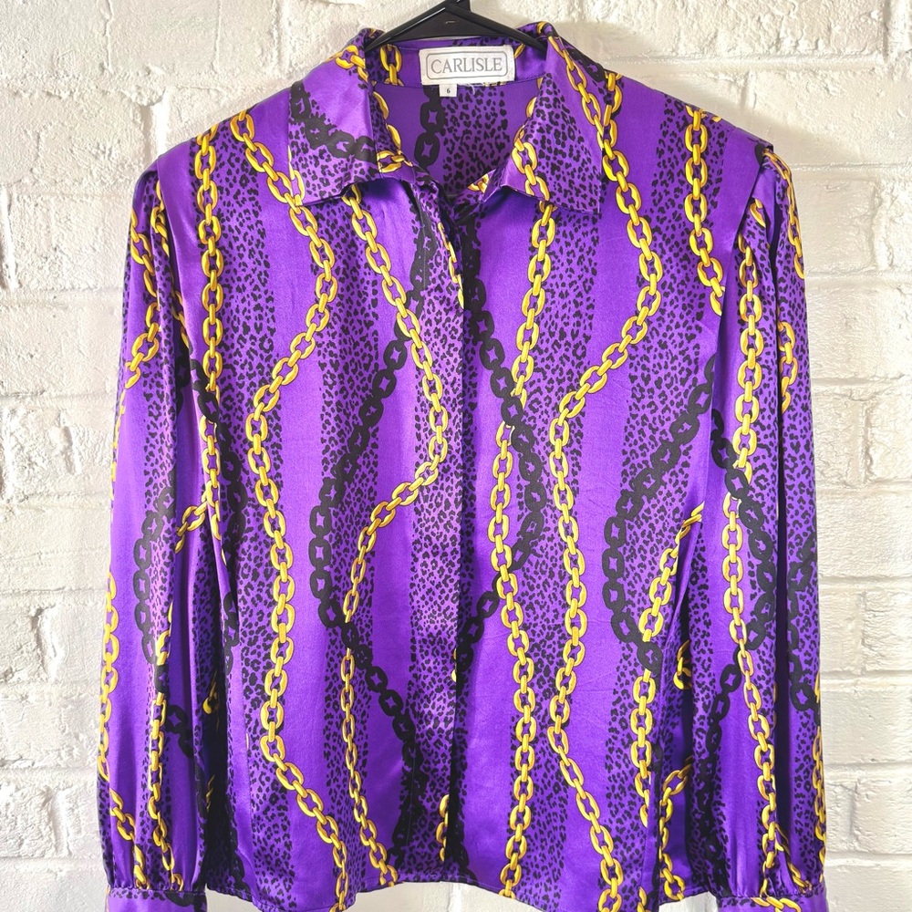 Vintage Silk Carlisle Purple Chain Print Blouse | Baroque Satin Button Up Size 6 - Picture 2 of 4